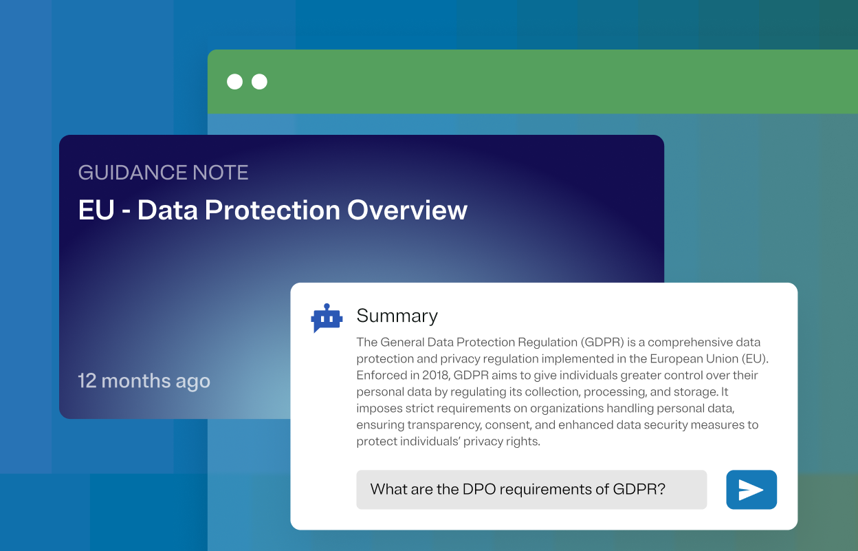 Illustration demonstrating the capability of DataGuidance's AI-powered CoPilot to simplify regulatory information for users. The example shown explains the basic information related to the GDPR and users are able to ask questions from there. 