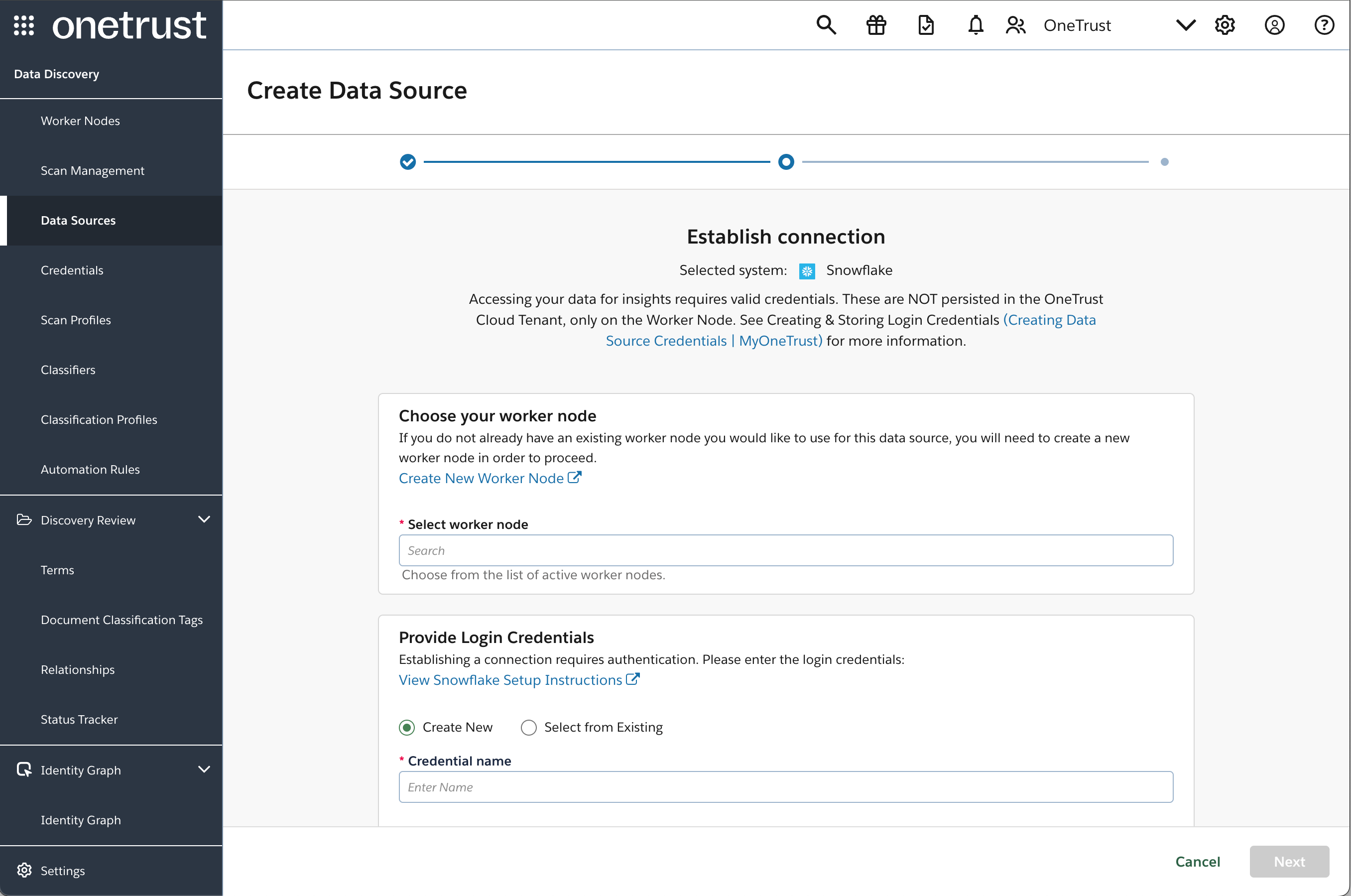 Describes the connection setup steps for assigning a OneTrust worker node and providing the login credentials