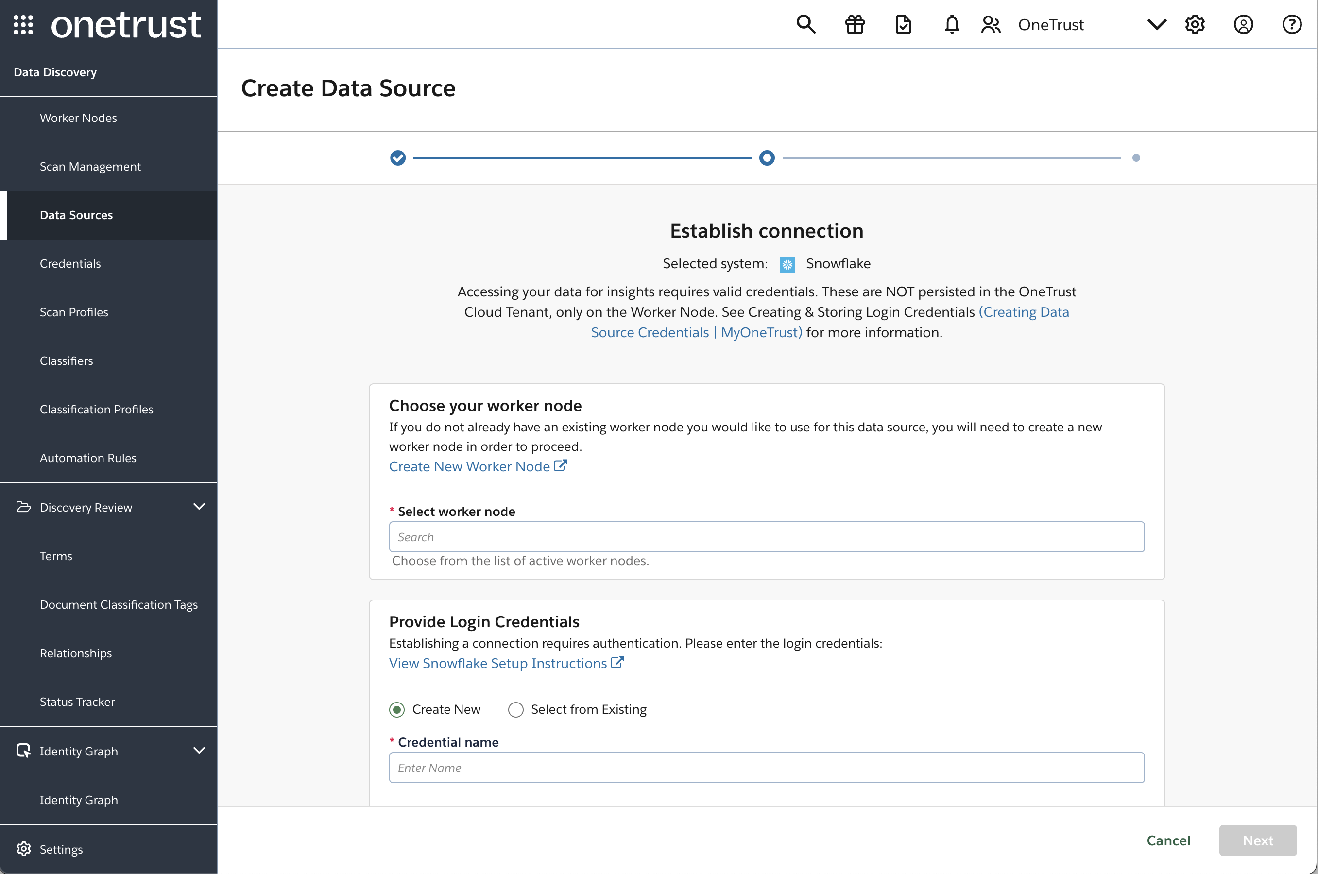 Describes the connection setup steps for assigning a OneTrust worker node and providing the login credentials