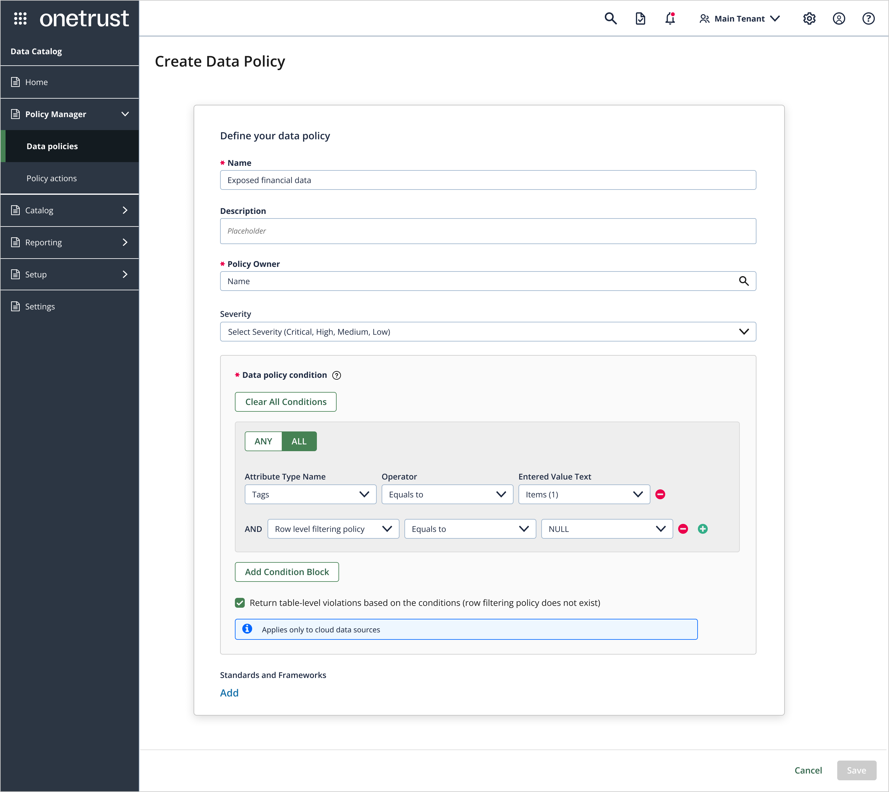 Data policy creation interface screenshot