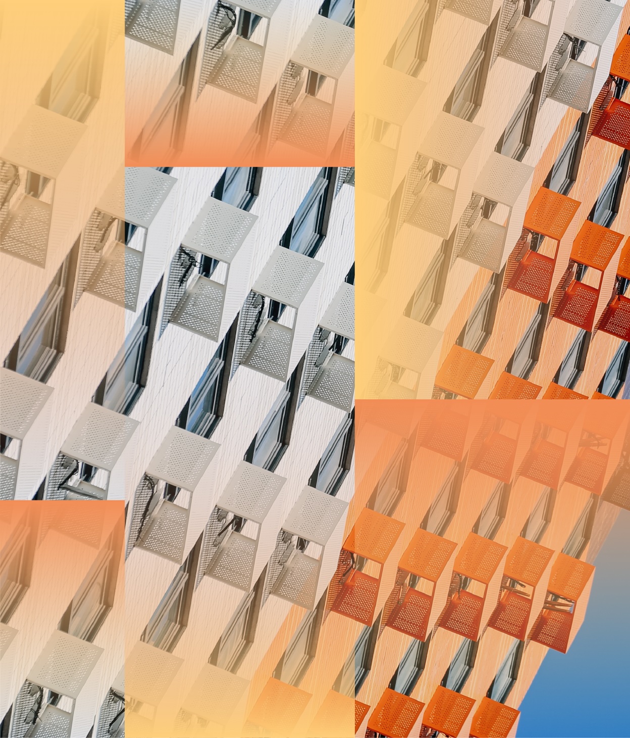 Abstract architectural pattern of repeating geometric panels overlaid with soft orange and blue gradients, creating a modern, layered visual texture.